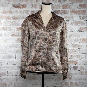 Vintage 70s Salvage Condition Abstract Geometric Button Down Long Sleeve Blouse